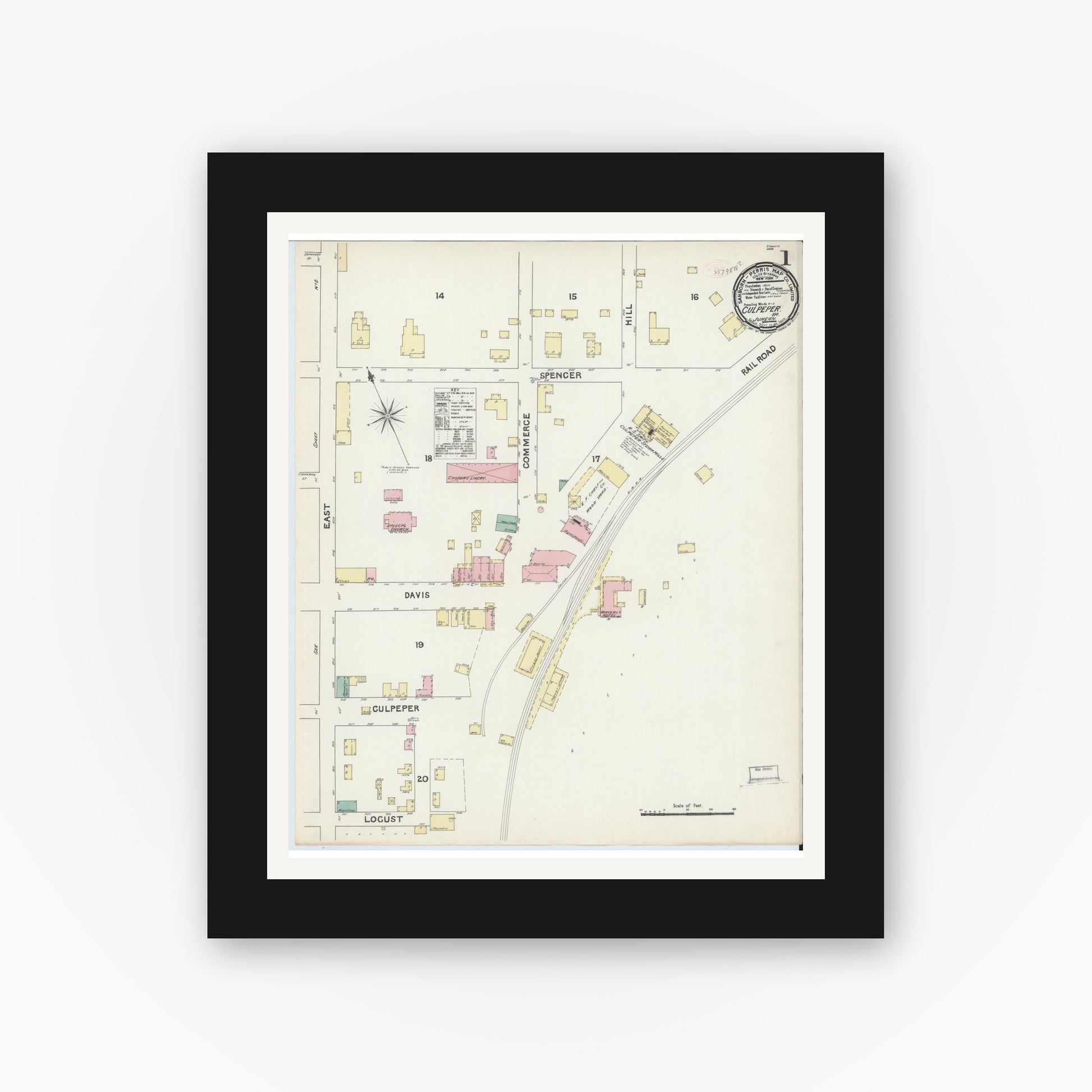 Old map wall art mockup — black gallery frame with white mat — Sanborn Fire Insurance Map from Culpeper, Culpeper County, Virginia (1891) - Complete Map Set