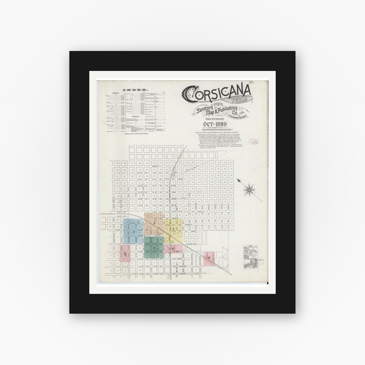 Old map wall art mockup — black gallery frame with white mat — Sanborn Fire Insurance Map from Corsicana, Navarro County, Texas (1889) - Complete Map Set