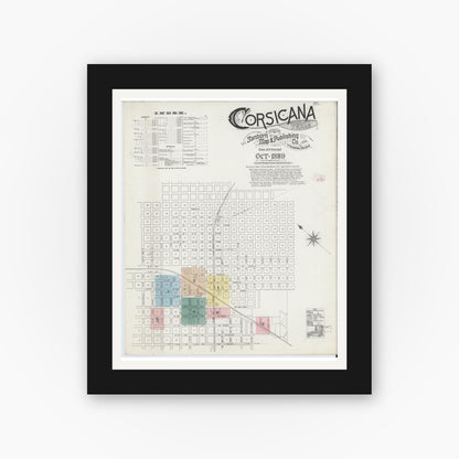 Old map wall art mockup — black gallery frame with white mat — Sanborn Fire Insurance Map from Corsicana, Navarro County, Texas (1889) - Complete Map Set
