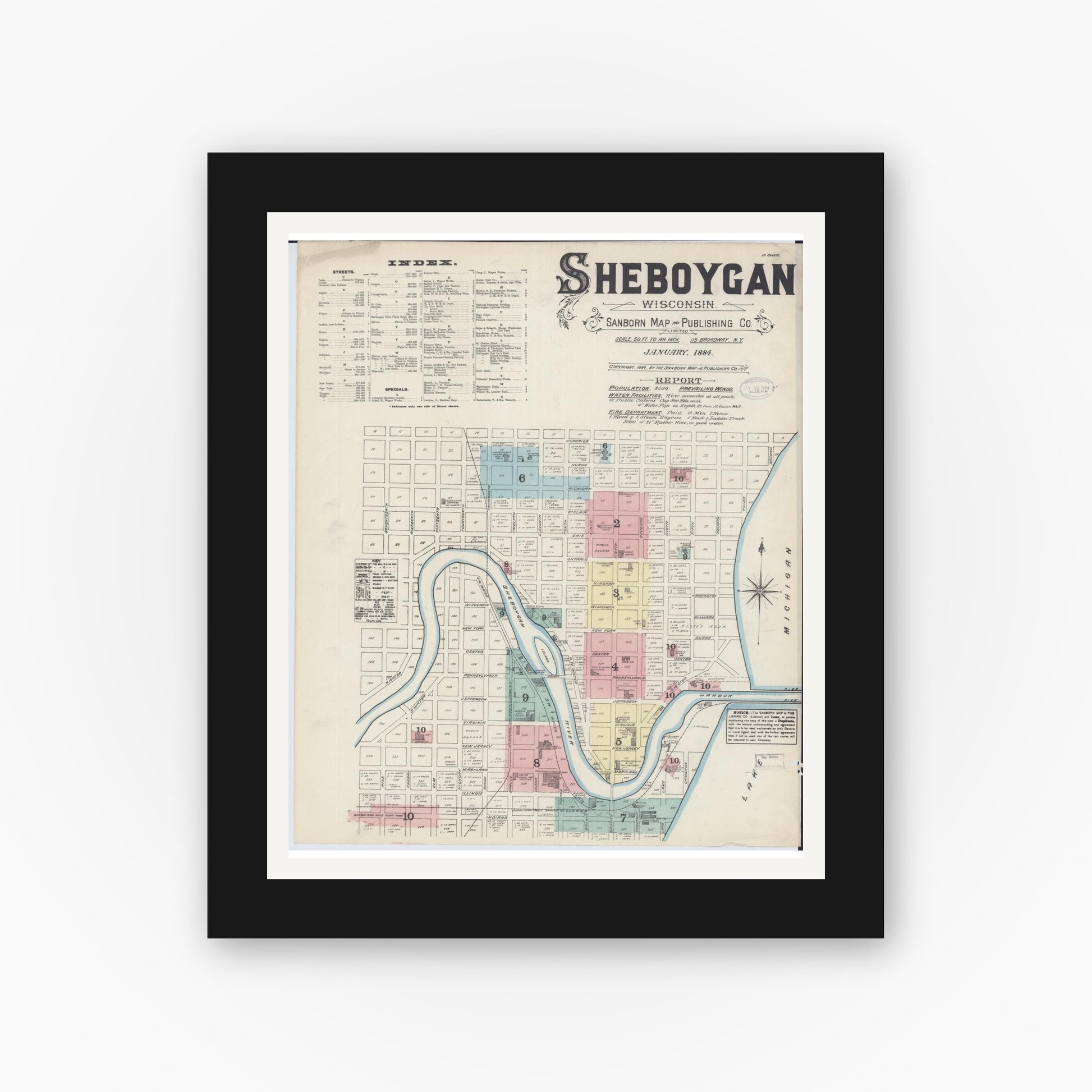Old map wall art mockup — black gallery frame with white mat — Sanborn Fire Insurance Map from Sheboygan, Sheboygan County, Wisconsin (1884) - Complete Map Set