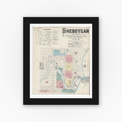 Old map wall art mockup — black gallery frame with white mat — Sanborn Fire Insurance Map from Sheboygan, Sheboygan County, Wisconsin (1884) - Complete Map Set