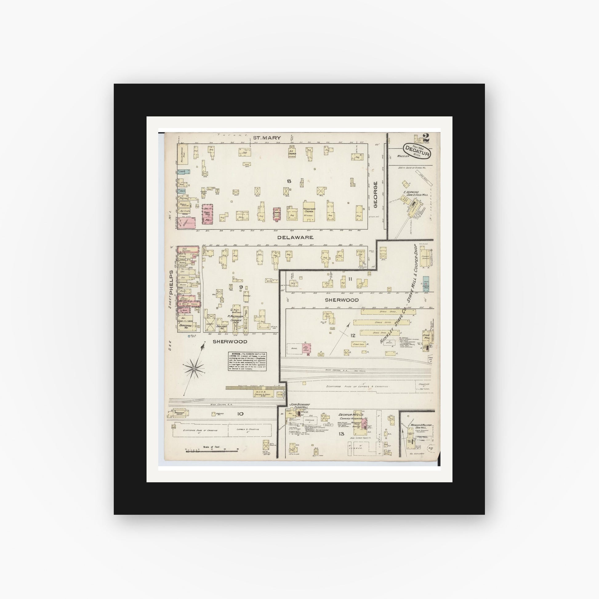 Old map wall art mockup — black gallery frame with white mat — Sanborn Fire Insurance Map from Decatur, Van Buren County, Michigan (1884), Sheet #0002