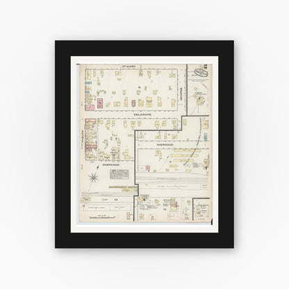 Old map wall art mockup — black gallery frame with white mat — Sanborn Fire Insurance Map from Decatur, Van Buren County, Michigan (1884), Sheet #0002