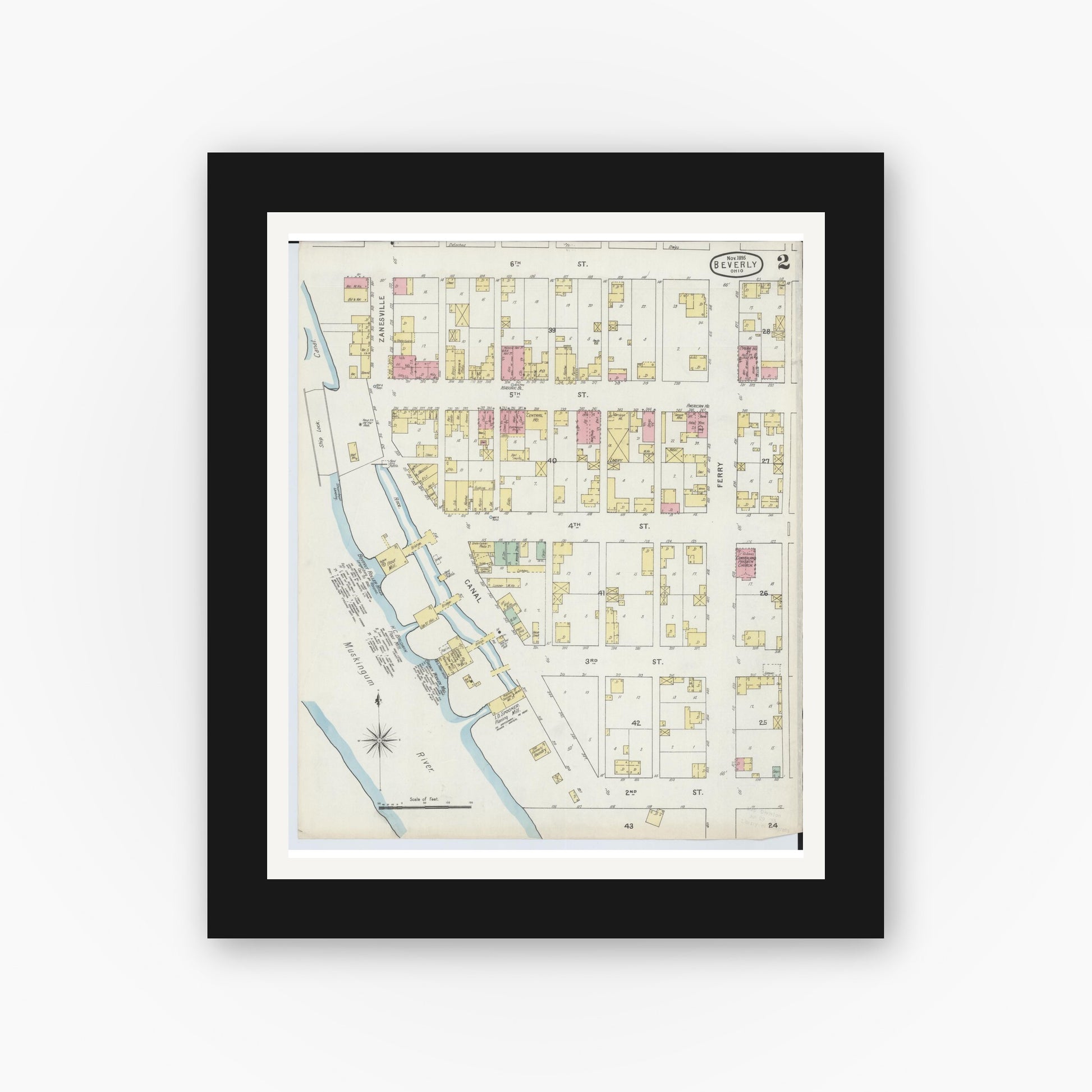 Old map wall art mockup — black gallery frame with white mat — Sanborn Fire Insurance Map from Beverly, Washington County, Ohio (1895), Sheet #0002