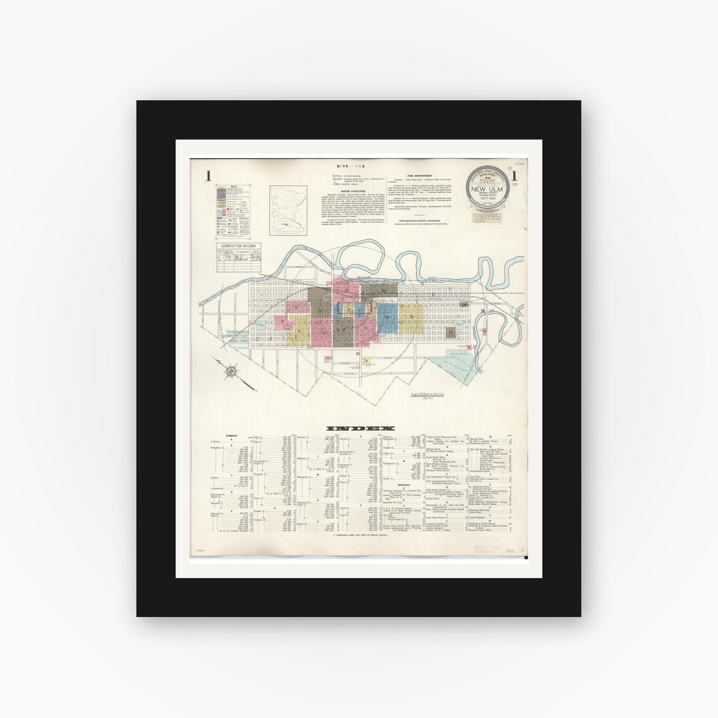 Old map wall art mockup — black gallery frame with white mat — Sanborn Fire Insurance Map from New Ulm, Brown County, Minnesota (1946), Sheet #0001