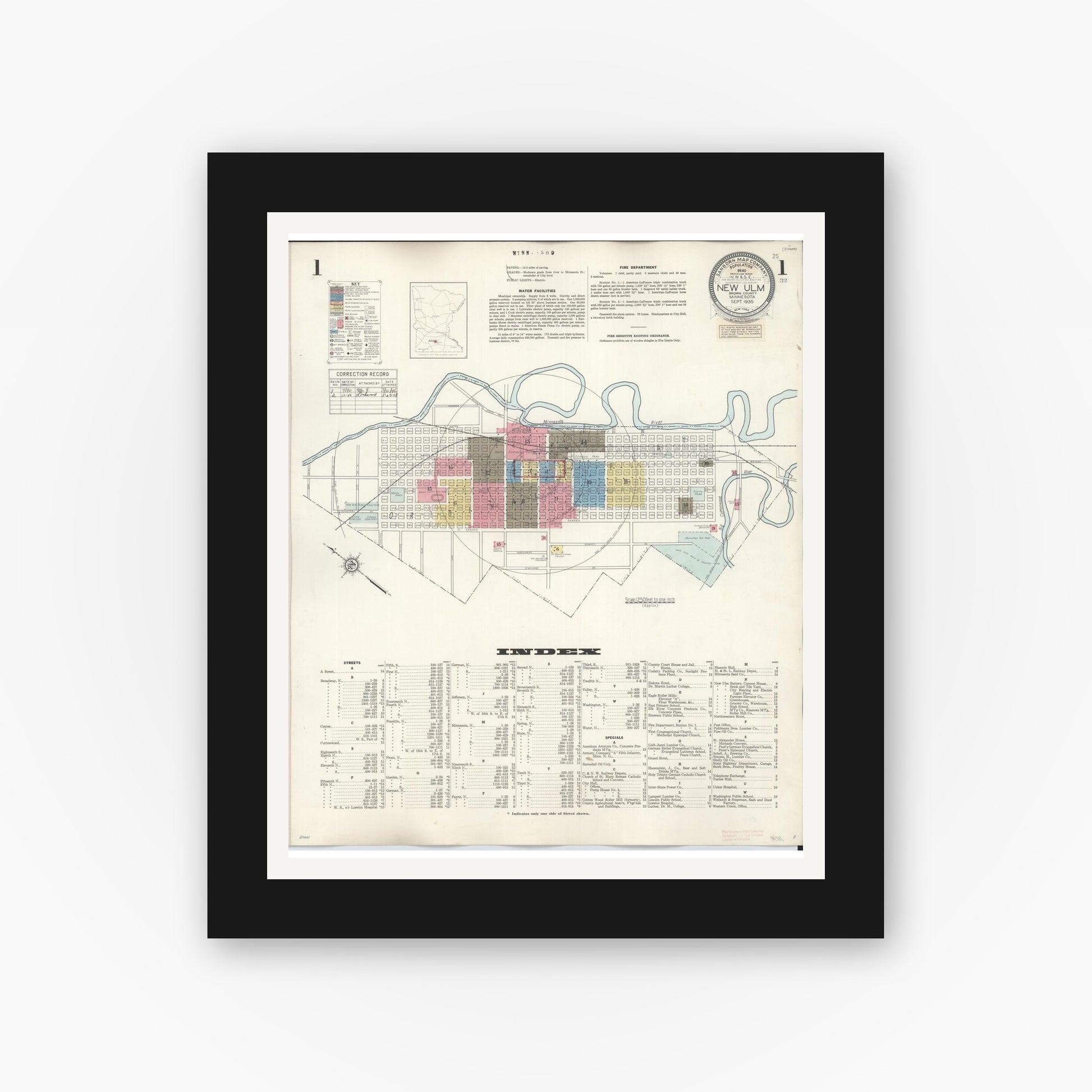 Old map wall art mockup — black gallery frame with white mat — Sanborn Fire Insurance Map from New Ulm, Brown County, Minnesota (1946), Sheet #0001