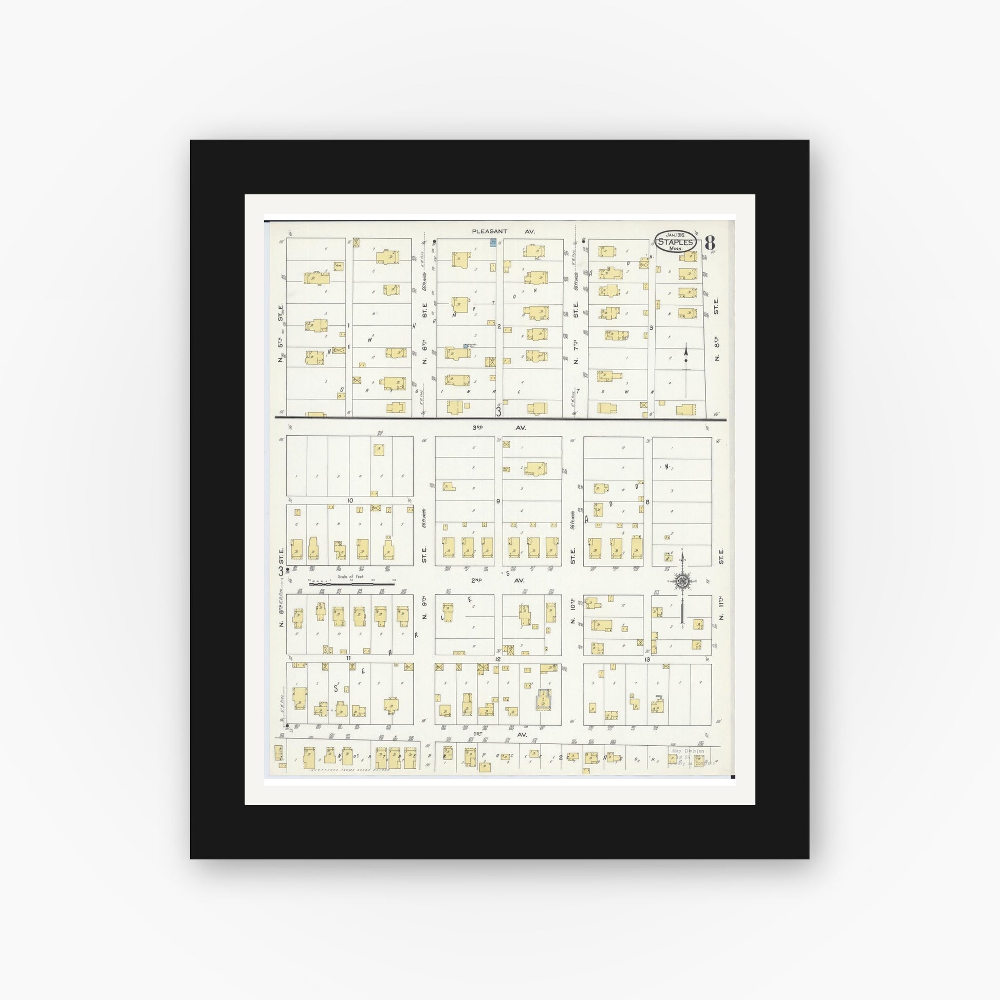 Old map wall art mockup — black gallery frame with white mat — Sanborn Fire Insurance Map from Staples, Todd County, Minnesota (1916), Sheet #0008