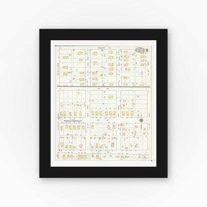 Old map wall art mockup — black gallery frame with white mat — Sanborn Fire Insurance Map from Staples, Todd County, Minnesota (1916), Sheet #0008