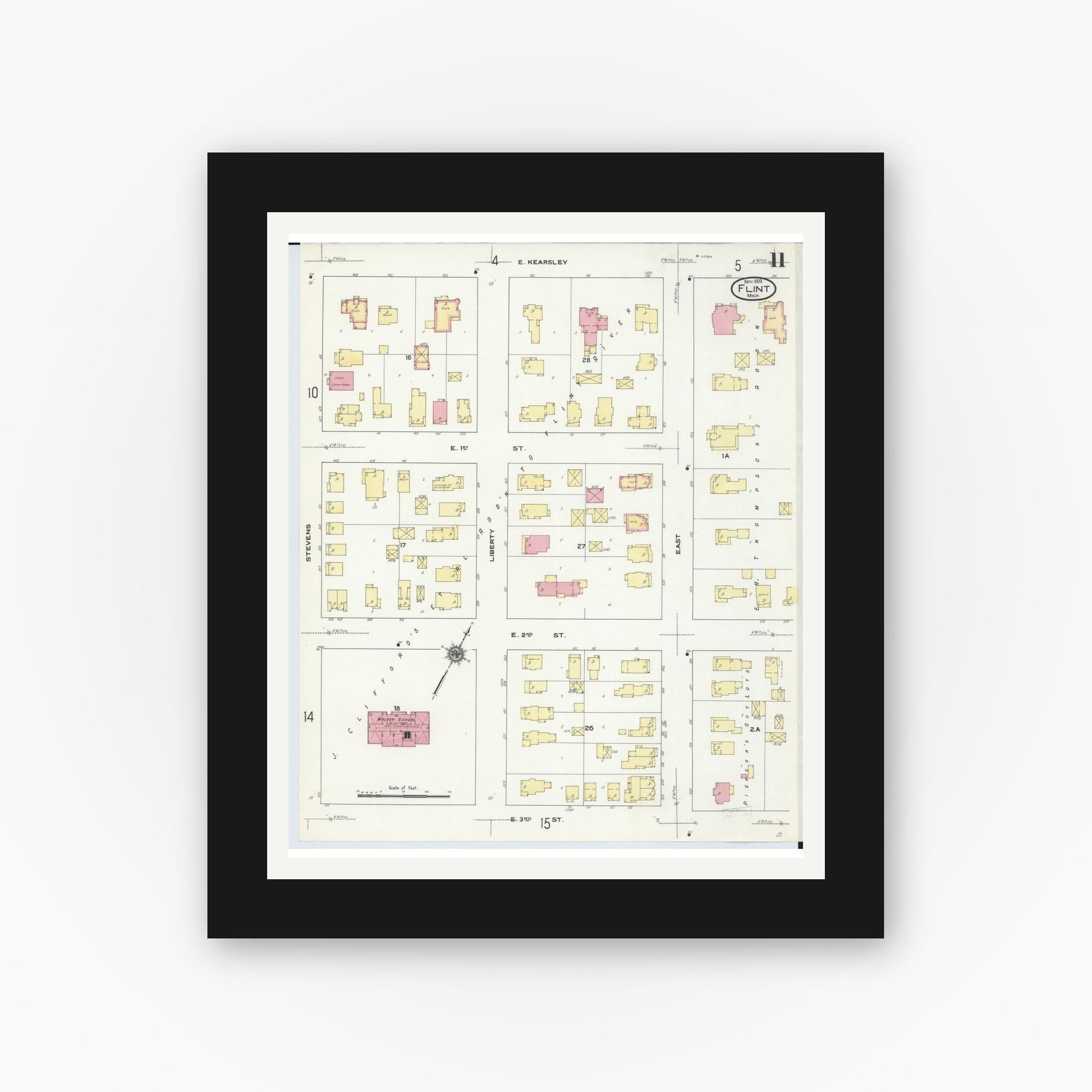 Old map wall art mockup — black gallery frame with white mat — Sanborn Fire Insurance Map from Flint, Genesee County, Michigan (1909), Sheet #0011