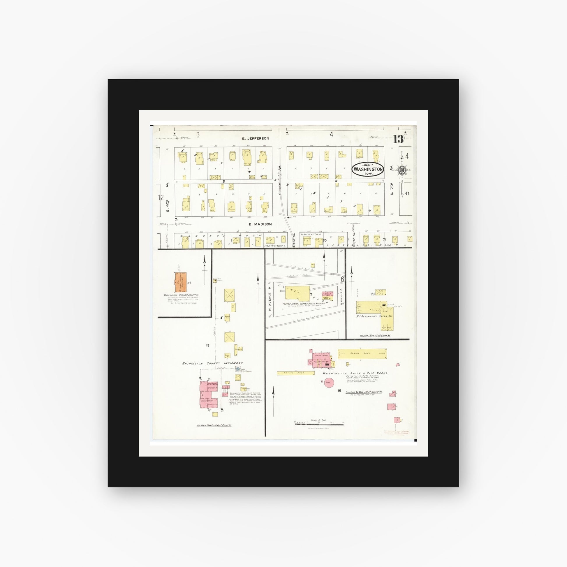 Old map wall art mockup — black gallery frame with white mat — Sanborn Fire Insurance Map from Washington, Washington County, Iowa (1917), Sheet #0013