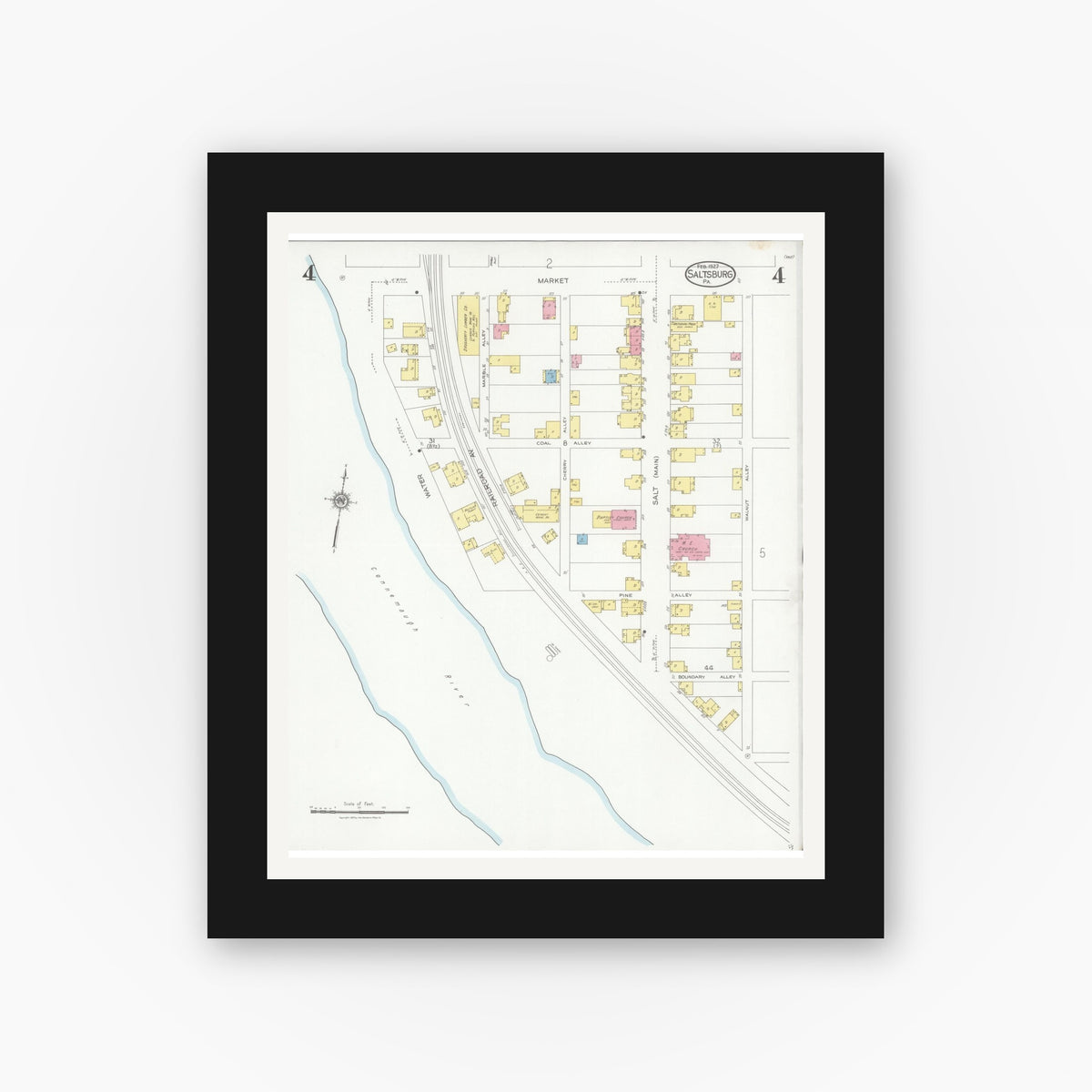 Old map wall art mockup — black gallery frame with white mat — Sanborn Fire Insurance Map from Saltsburg, Indiana County, Pennsylvania (1927), Sheet #0004