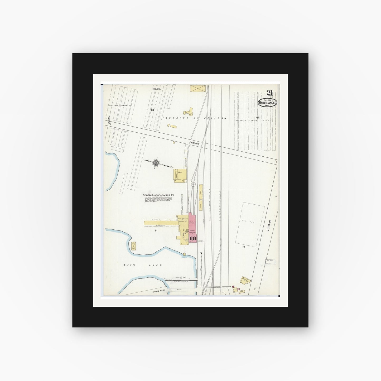 Old map wall art mockup — black gallery frame with white mat — Sanborn Fire Insurance Map from Rhinelander, Oneida County, Wisconsin (1920), Sheet #0021