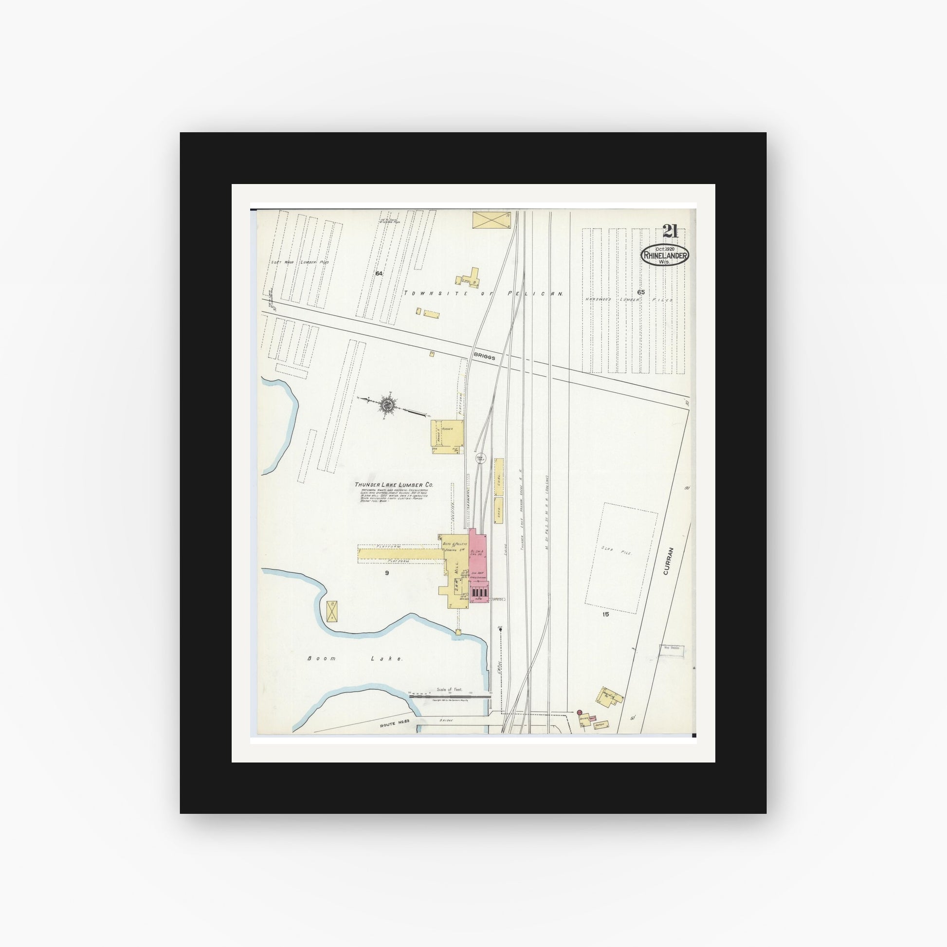 Old map wall art mockup — black gallery frame with white mat — Sanborn Fire Insurance Map from Rhinelander, Oneida County, Wisconsin (1920), Sheet #0021