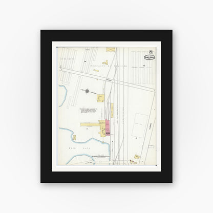 Old map wall art mockup — black gallery frame with white mat — Sanborn Fire Insurance Map from Rhinelander, Oneida County, Wisconsin (1920), Sheet #0021
