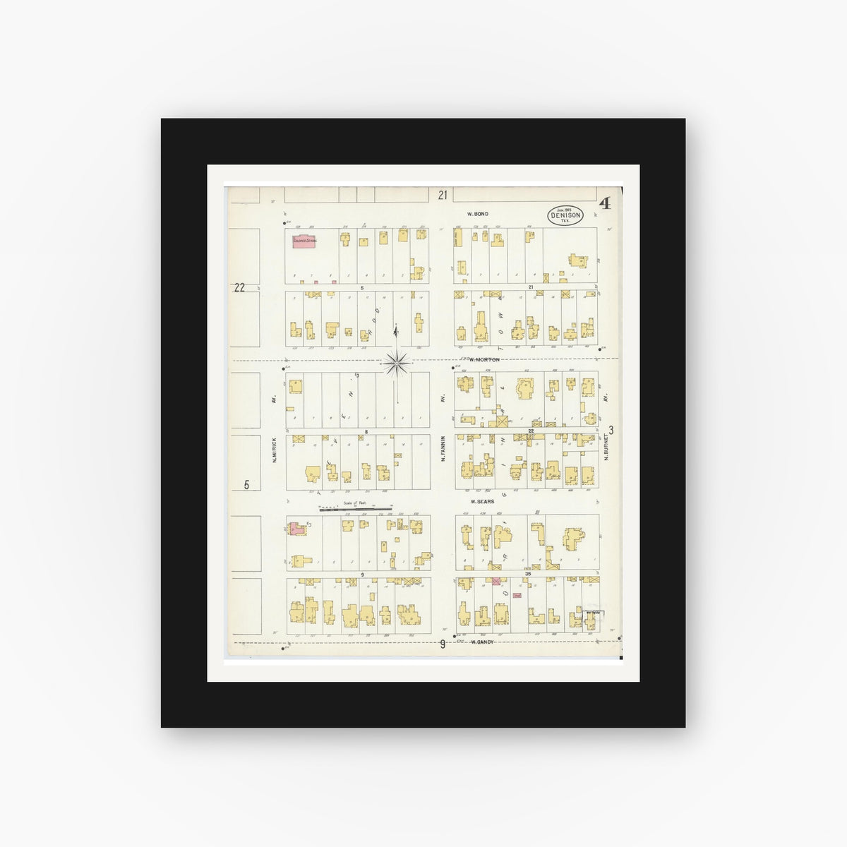 Old map wall art mockup — black gallery frame with white mat — Sanborn Fire Insurance Map from Denison, Grayson County, Texas (1903), Sheet #0004