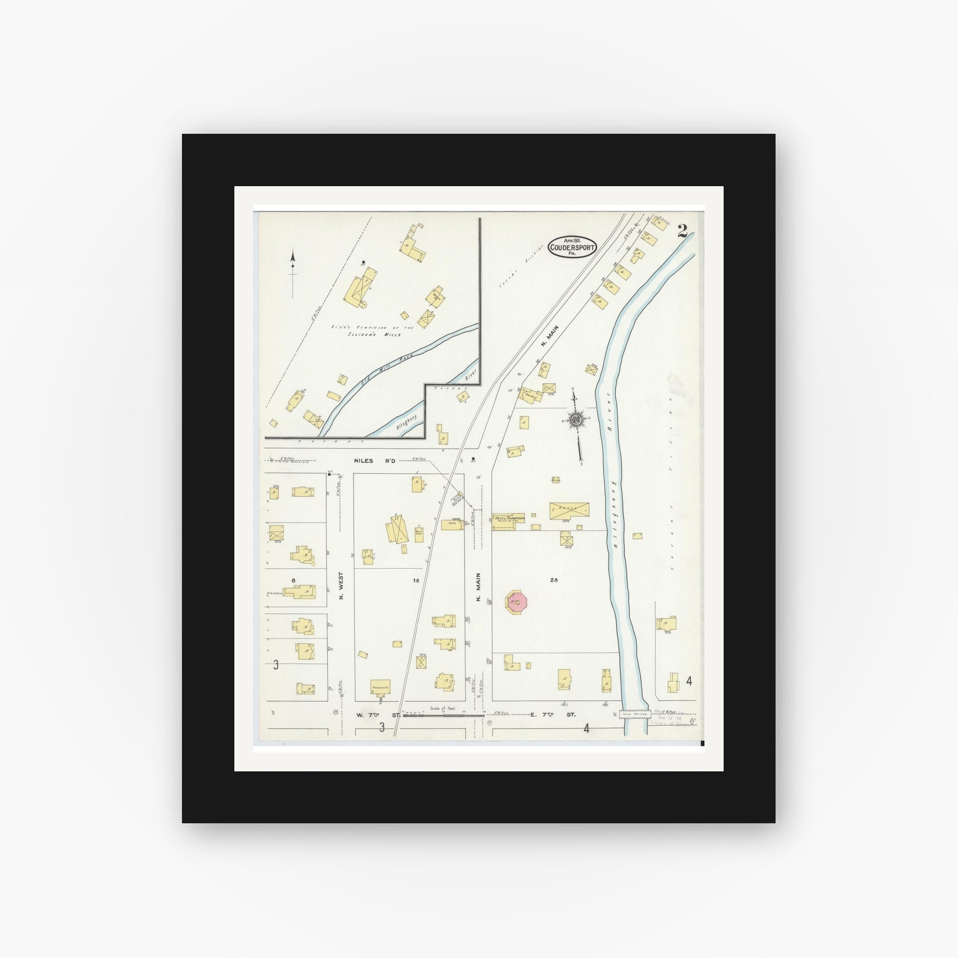 Old map wall art mockup — black gallery frame with white mat — Sanborn Fire Insurance Map from Coudersport, Potter County, Pennsylvania (1911), Sheet #0002