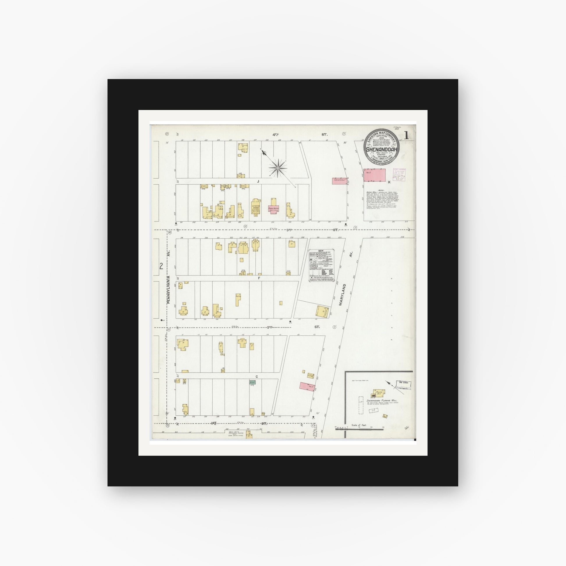 Old map wall art mockup — black gallery frame with white mat — Sanborn Fire Insurance Map from Shenandoah, Page County, Virginia (1905), Sheet #0001