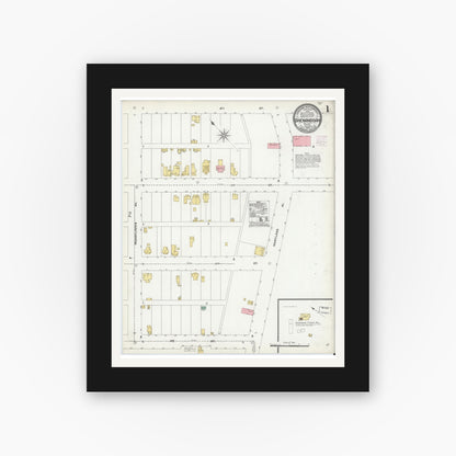 Old map wall art mockup — black gallery frame with white mat — Sanborn Fire Insurance Map from Shenandoah, Page County, Virginia (1905), Sheet #0001