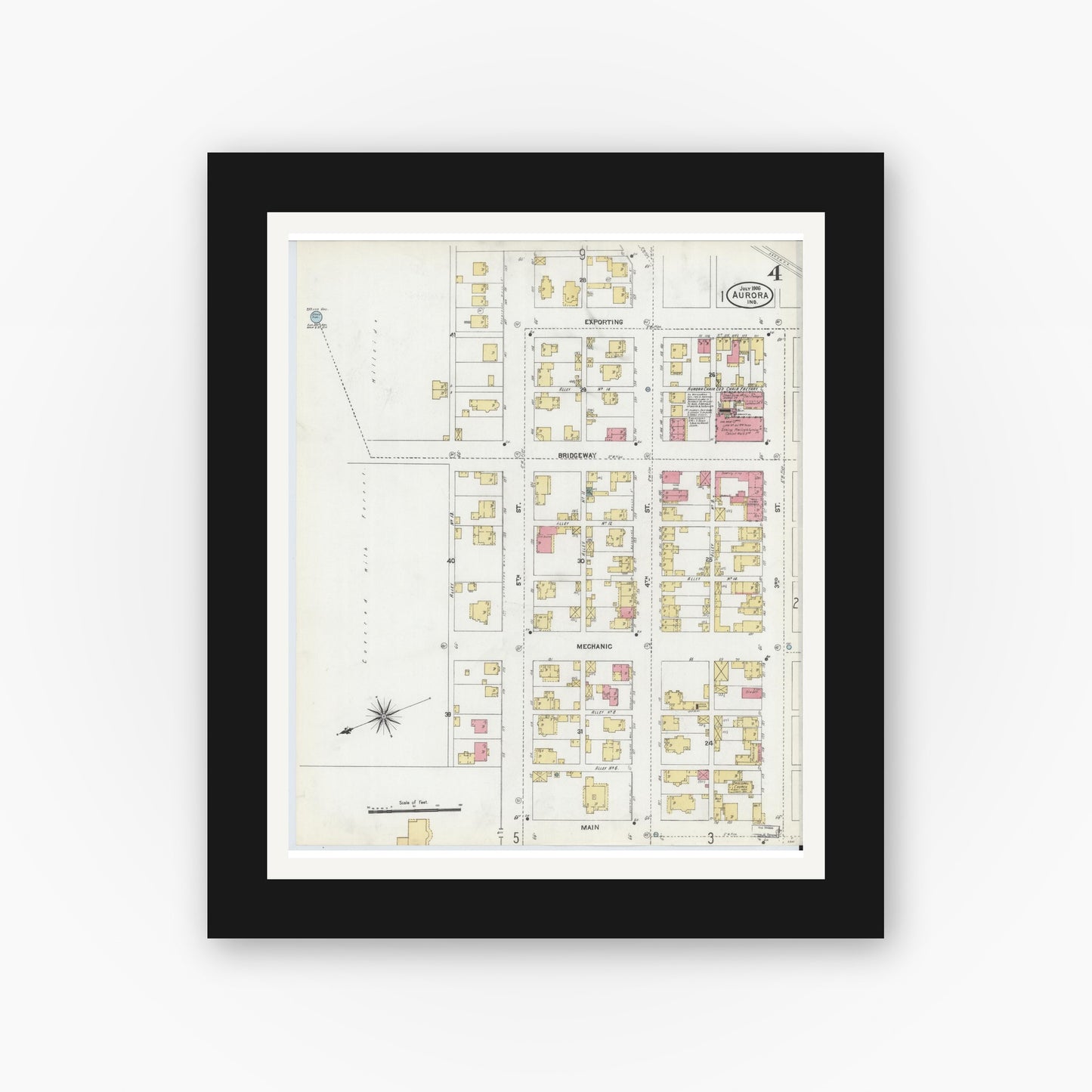 Old map wall art mockup — black gallery frame with white mat — Sanborn Fire Insurance Map from Aurora, Dearborn County, Indiana (1906), Sheet #0004