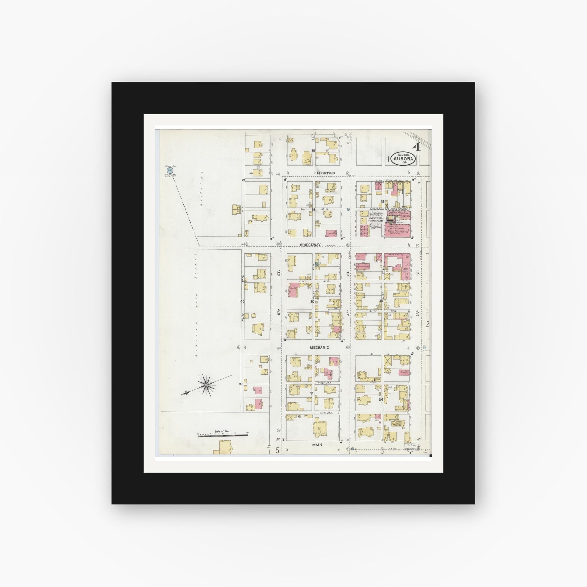 Old map wall art mockup — black gallery frame with white mat — Sanborn Fire Insurance Map from Aurora, Dearborn County, Indiana (1906), Sheet #0004