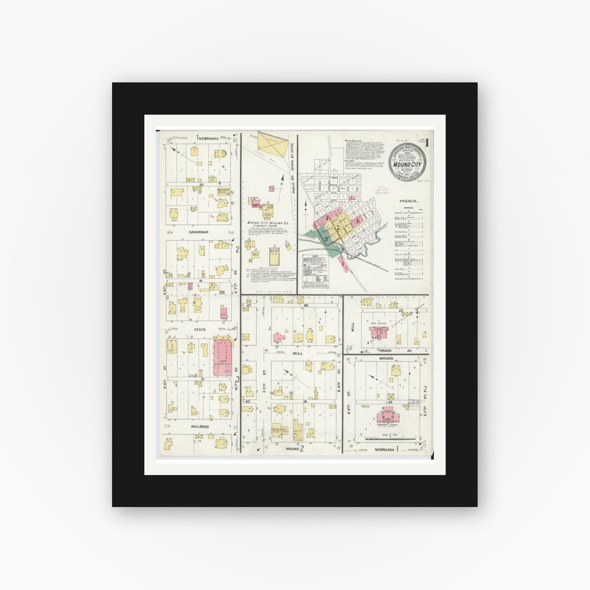 Old map wall art mockup — black gallery frame with white mat — Sanborn Fire Insurance Map from Mound City, Holt County, Missouri (1911) - Complete Map Set