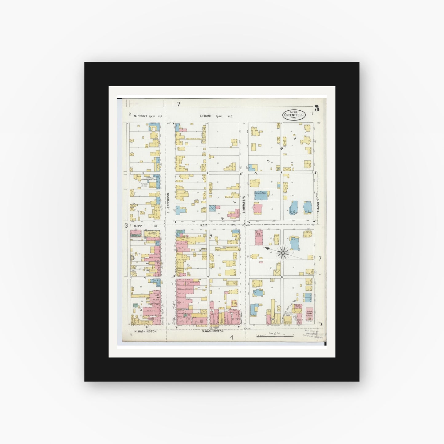 Old map wall art mockup — black gallery frame with white mat — Sanborn Fire Insurance Map from Greenfield, Highland County, Ohio (1899), Sheet #0005