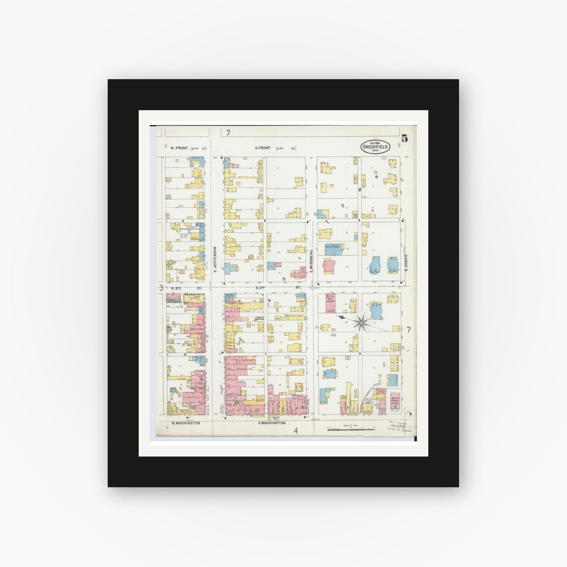 Old map wall art mockup — black gallery frame with white mat — Sanborn Fire Insurance Map from Greenfield, Highland County, Ohio (1899), Sheet #0005