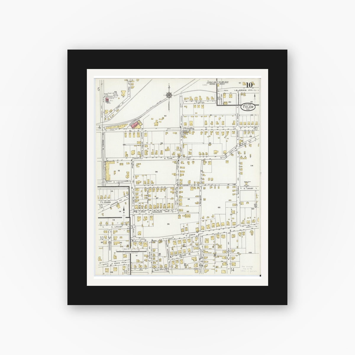 Old map wall art mockup — black gallery frame with white mat — Sanborn Fire Insurance Map from Tyler, Smith County, Texas (1919), Sheet #0010