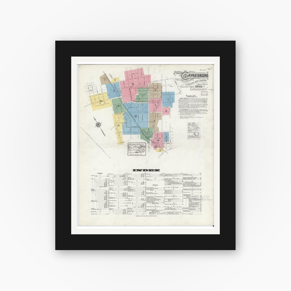 Old map wall art mockup — black gallery frame with white mat — Sanborn Fire Insurance Map from Waynesboro, Franklin County, Pennsylvania (1916), Sheet #0001