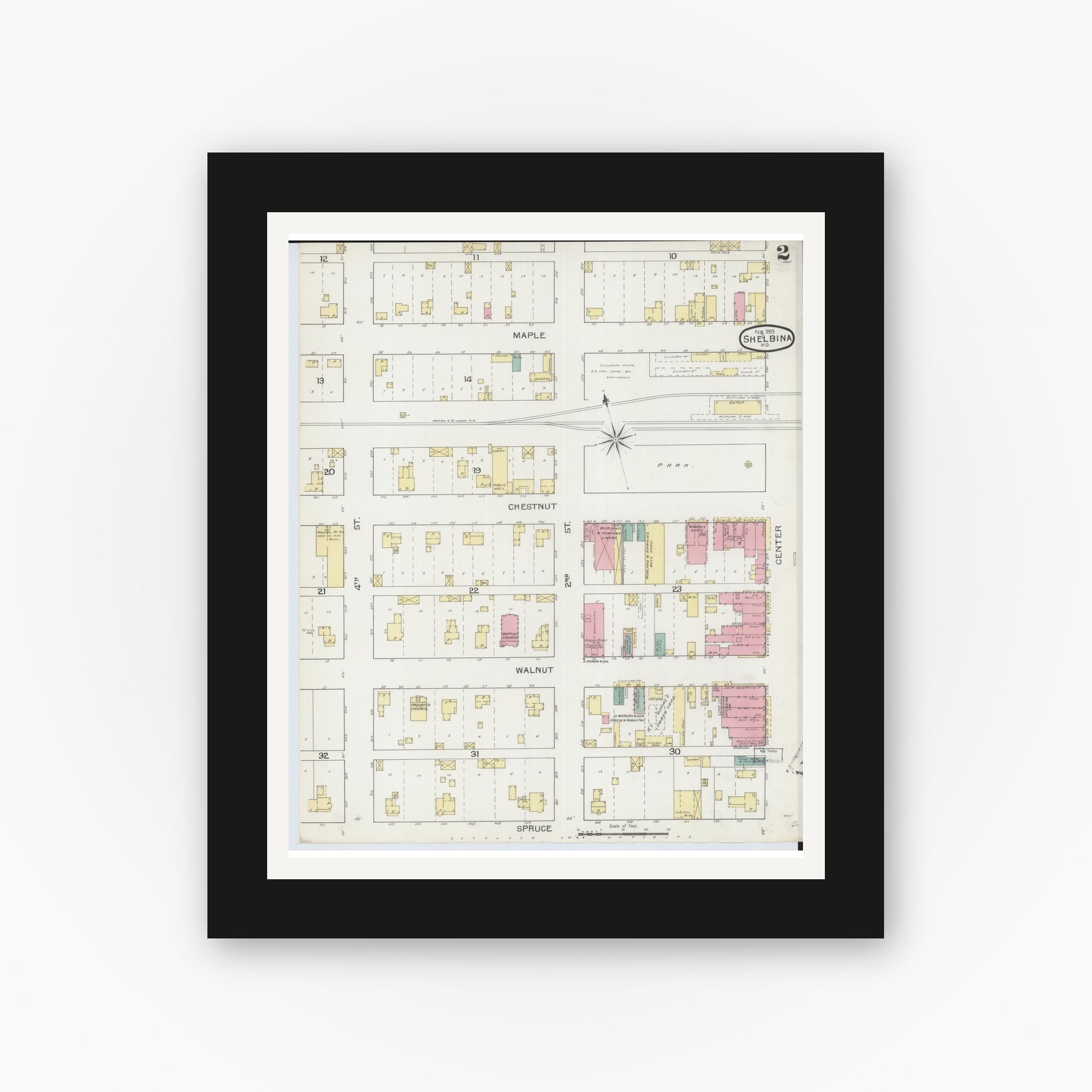 Old map wall art mockup — black gallery frame with white mat — Sanborn Fire Insurance Map from Shelbina, Shelby County, Missouri (1893), Sheet #0002
