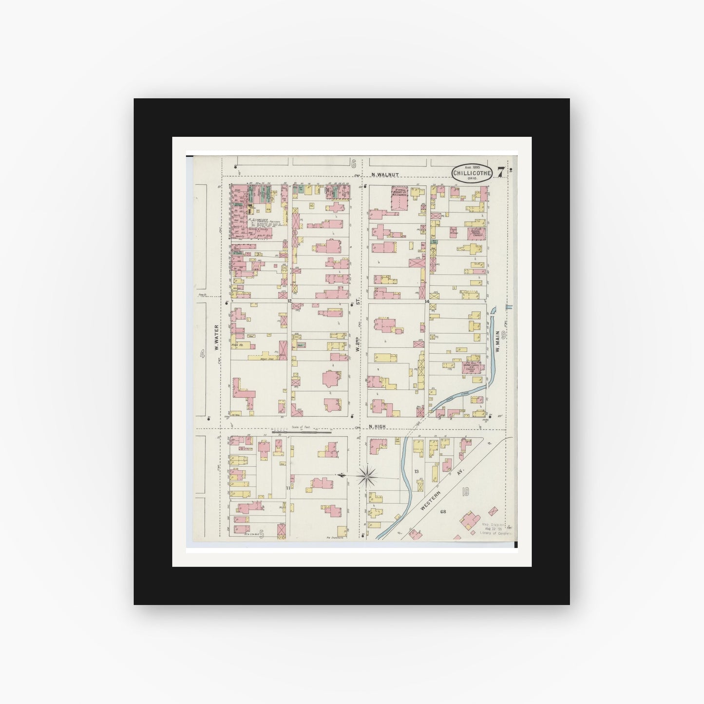 Old map wall art mockup — black gallery frame with white mat — Sanborn Fire Insurance Map from Chillicothe, Ross County, Ohio (1895), Sheet #0007