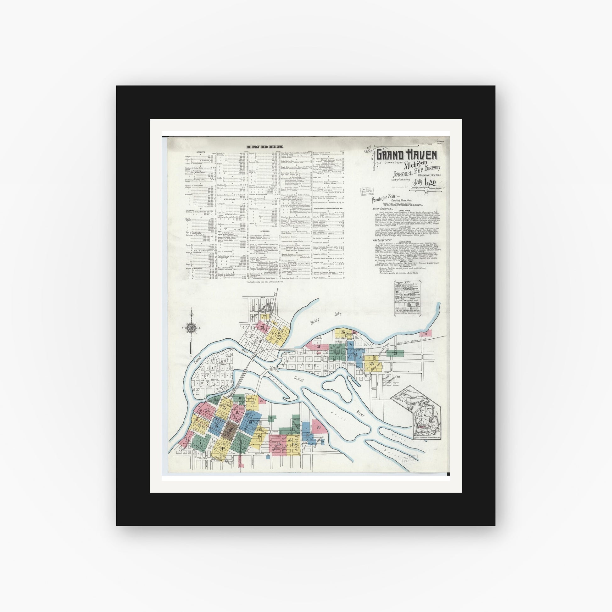 Old map wall art mockup — black gallery frame with white mat — Sanborn Fire Insurance Map from Grand Haven, Ottawa County, Michigan (1920) - Complete Map Set