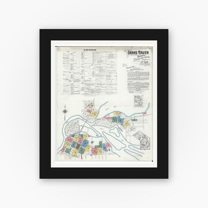 Old map wall art mockup — black gallery frame with white mat — Sanborn Fire Insurance Map from Grand Haven, Ottawa County, Michigan (1920) - Complete Map Set