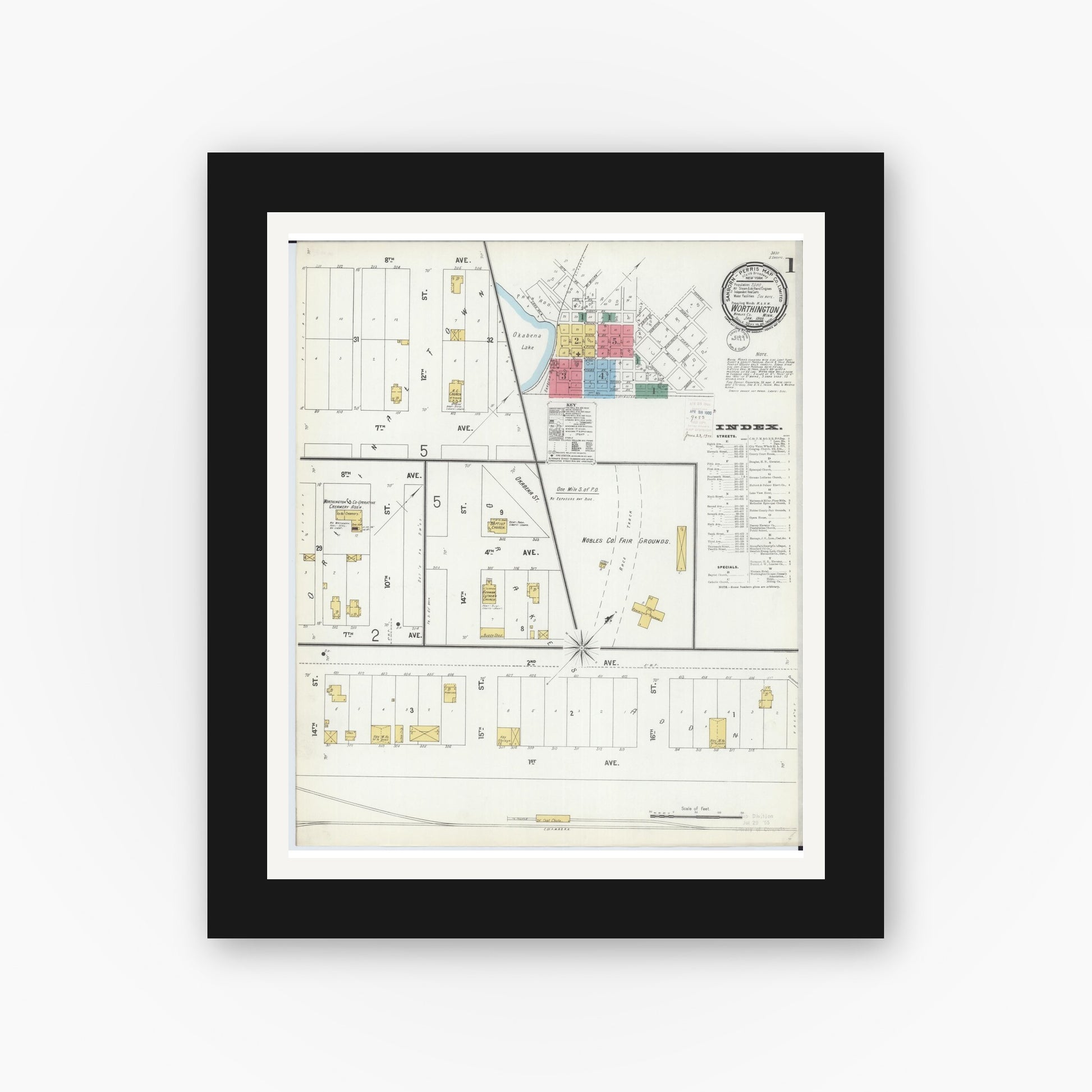 Old map wall art mockup — black gallery frame with white mat — Sanborn Fire Insurance Map from Worthington, Nobles County, Minnesota (1900), Sheet #0001