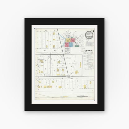 Old map wall art mockup — black gallery frame with white mat — Sanborn Fire Insurance Map from Worthington, Nobles County, Minnesota (1900), Sheet #0001