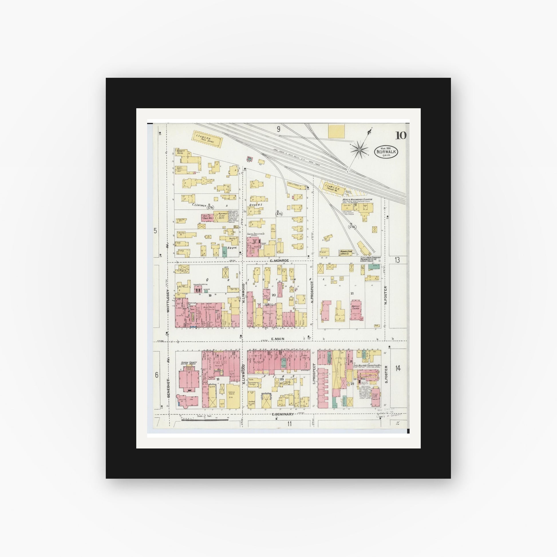 Old map wall art mockup — black gallery frame with white mat — Sanborn Fire Insurance Map from Norwalk, Huron County, Ohio (1906), Sheet #0010