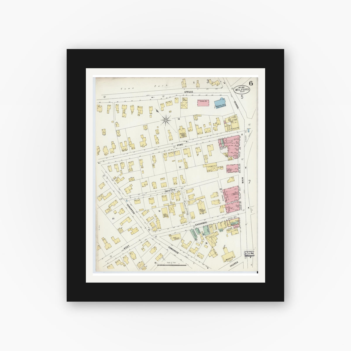 Old map wall art mockup — black gallery frame with white mat — Sanborn Fire Insurance Map from Milford, Worcester County, Massachusetts (1897), Sheet #0006