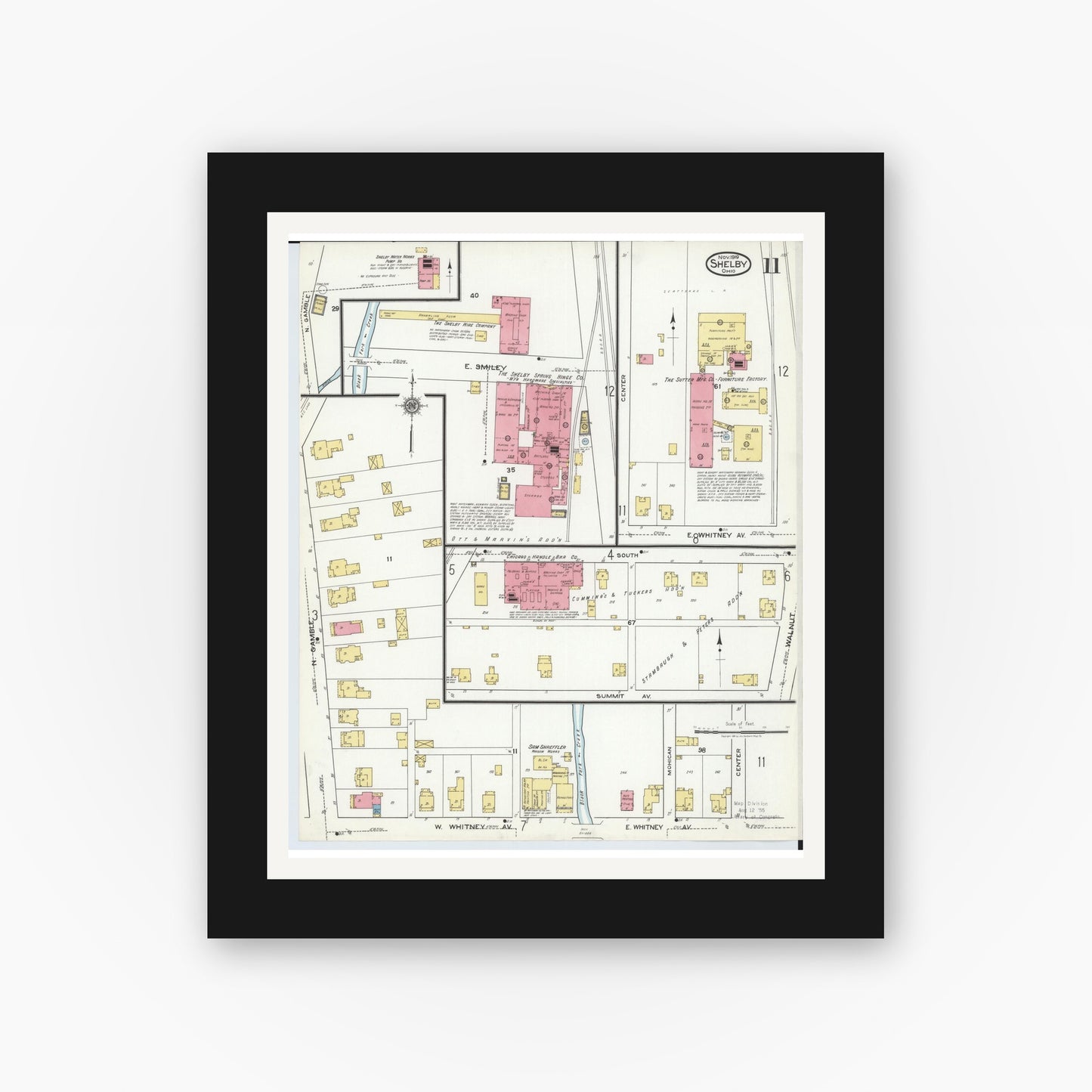 Old map wall art mockup — black gallery frame with white mat — Sanborn Fire Insurance Map from Shelby, Richland County, Ohio (1919), Sheet #0011