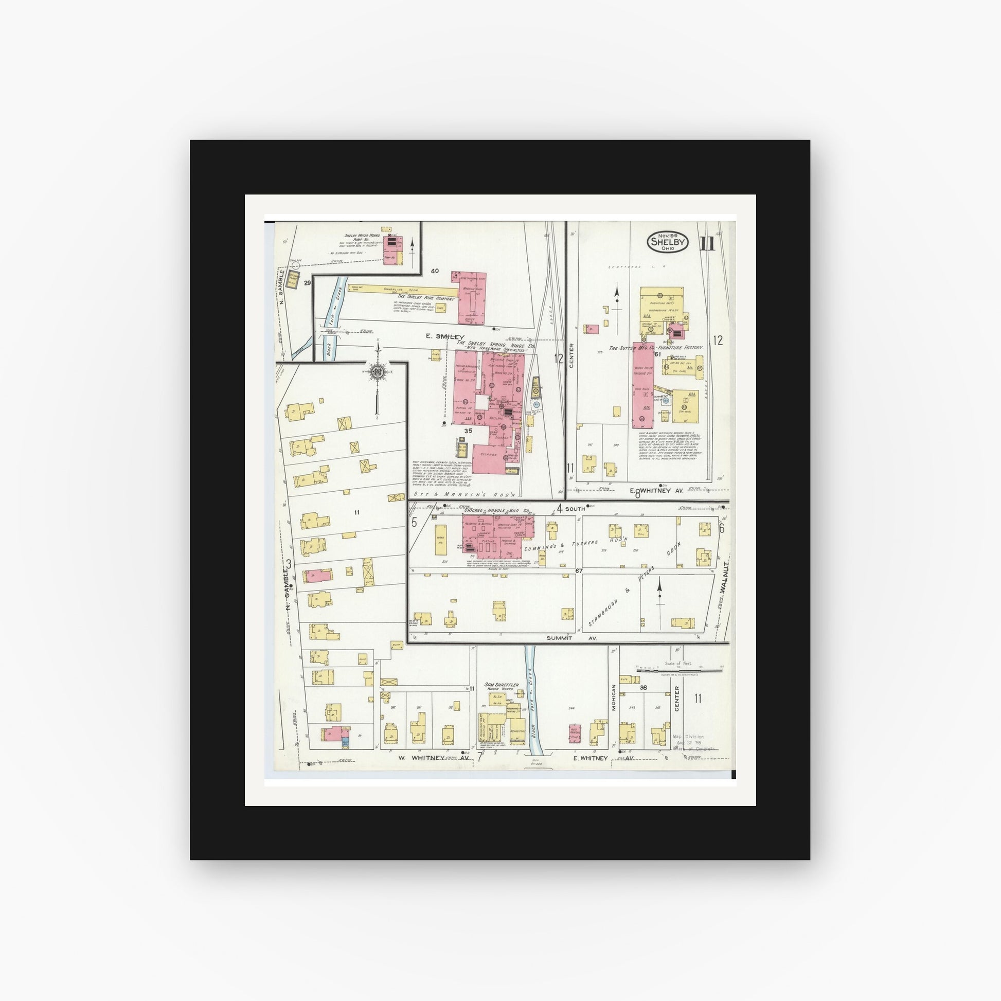 Old map wall art mockup — black gallery frame with white mat — Sanborn Fire Insurance Map from Shelby, Richland County, Ohio (1919), Sheet #0011