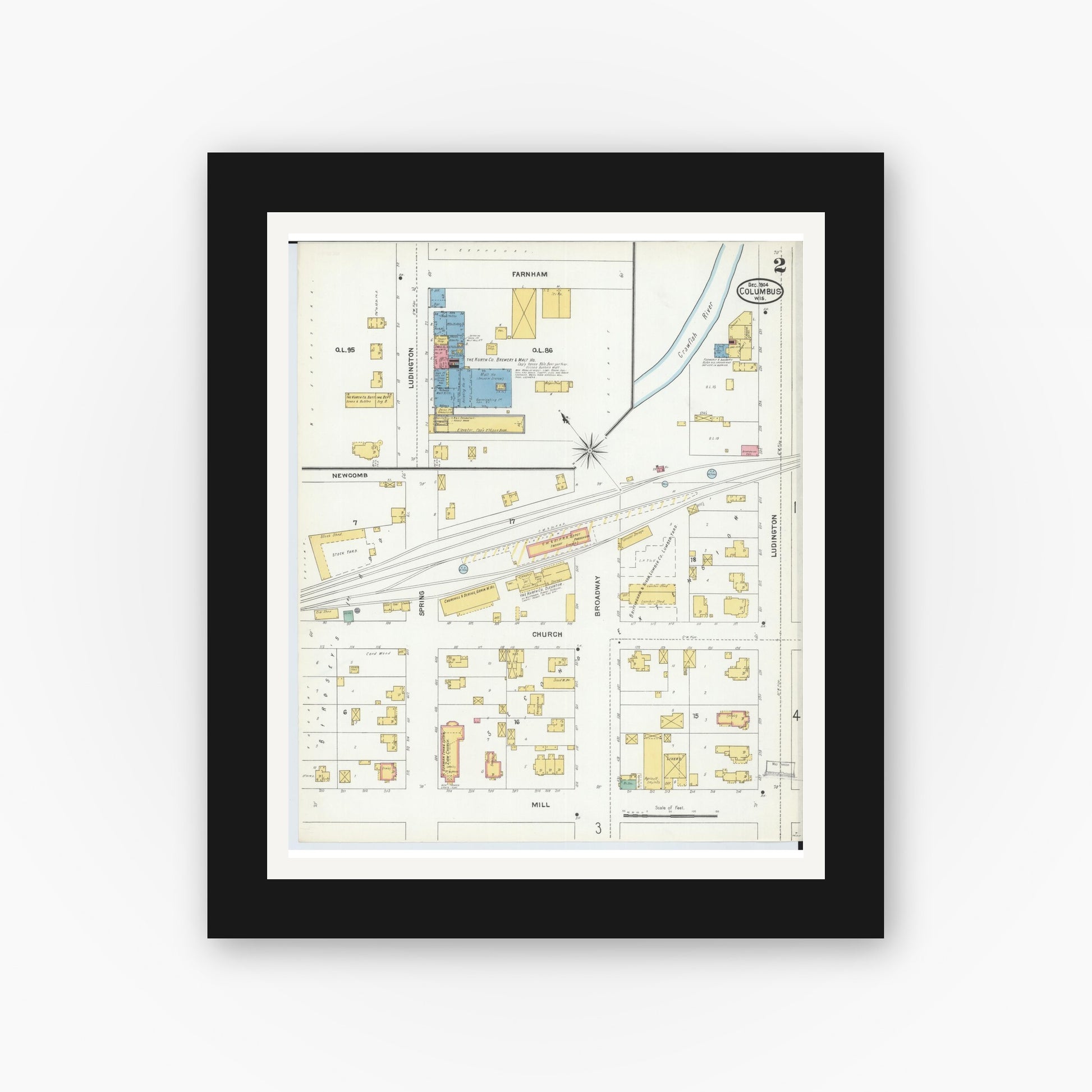 Old map wall art mockup — black gallery frame with white mat — Sanborn Fire Insurance Map from Columbus, Columbia and Dodge County, Wisconsin (1904), Sheet #0002