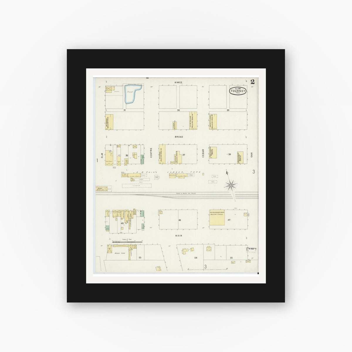 Old map wall art mockup — black gallery frame with white mat — Sanborn Fire Insurance Map from Forney, Kaufman County, Texas (1896), Sheet #0002