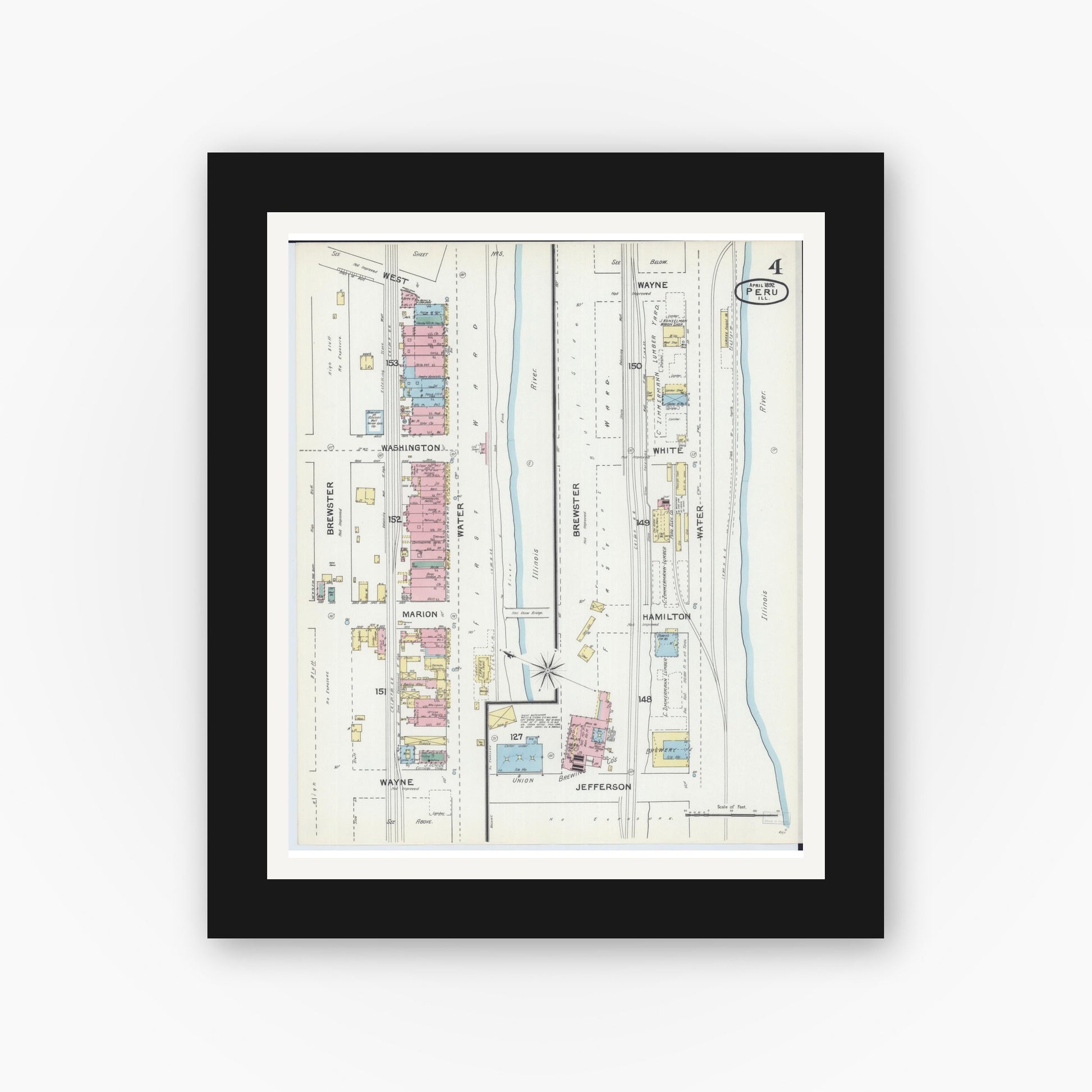 Old map wall art mockup — black gallery frame with white mat — Sanborn Fire Insurance Map from Peru, La Salle County, Illinois (1892), Sheet #0004