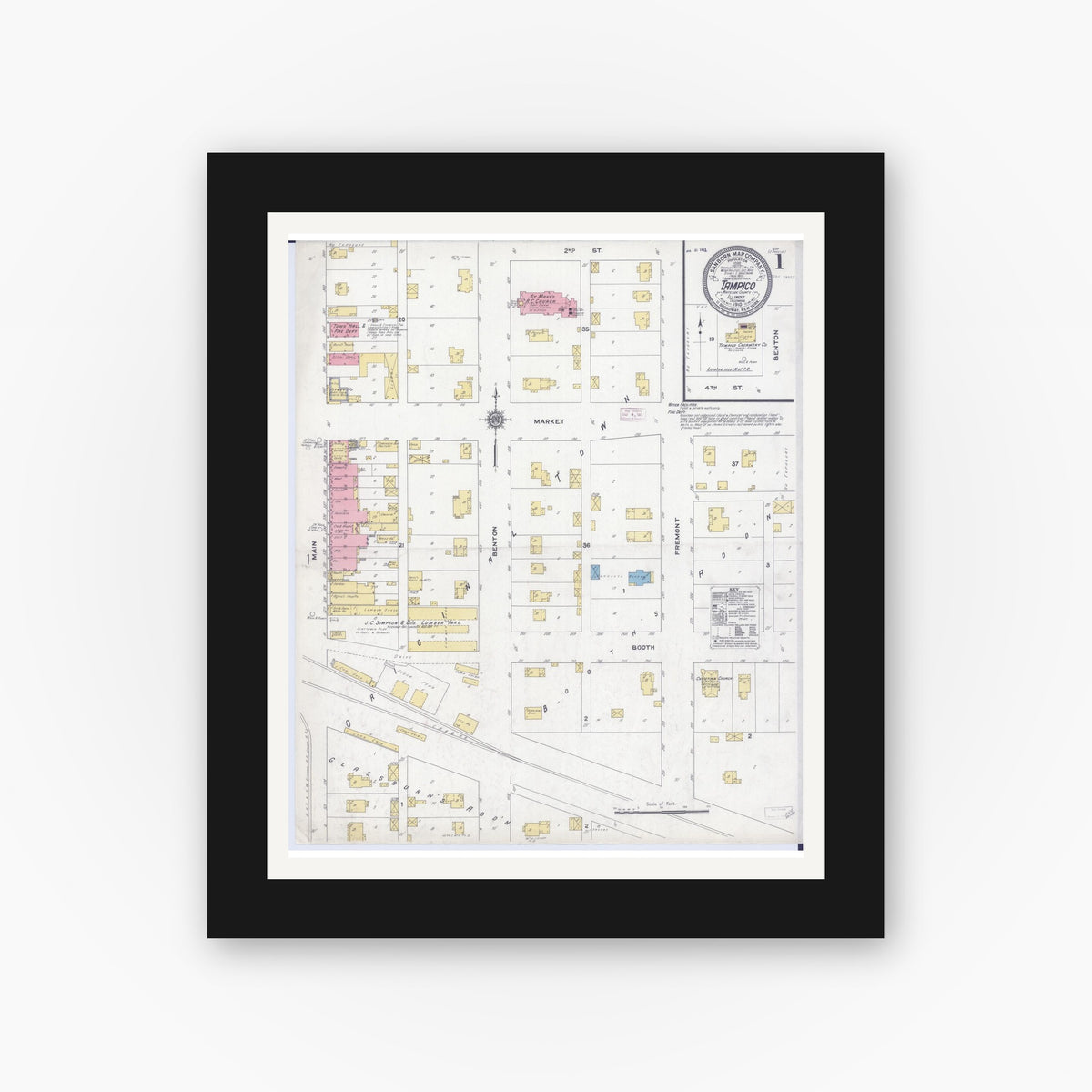 Old map wall art mockup — black gallery frame with white mat — Sanborn Fire Insurance Map from Tampico, Whiteside County, Illinois (1910) - Complete Map Set