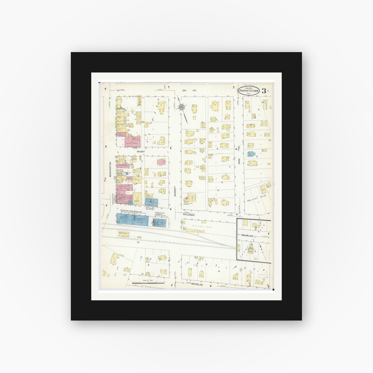 Old map wall art mockup — black gallery frame with white mat — Sanborn Fire Insurance Map from Prophetstown, Whiteside County, Illinois (1913), Sheet #0003