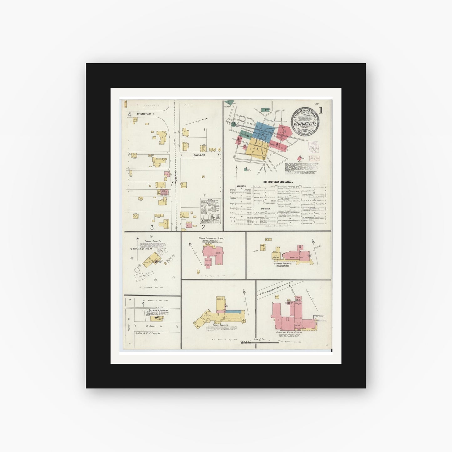Old map wall art mockup — black gallery frame with white mat — Sanborn Fire Insurance Map from Bedford, Independent Cities, Virginia (1902), Sheet #0001