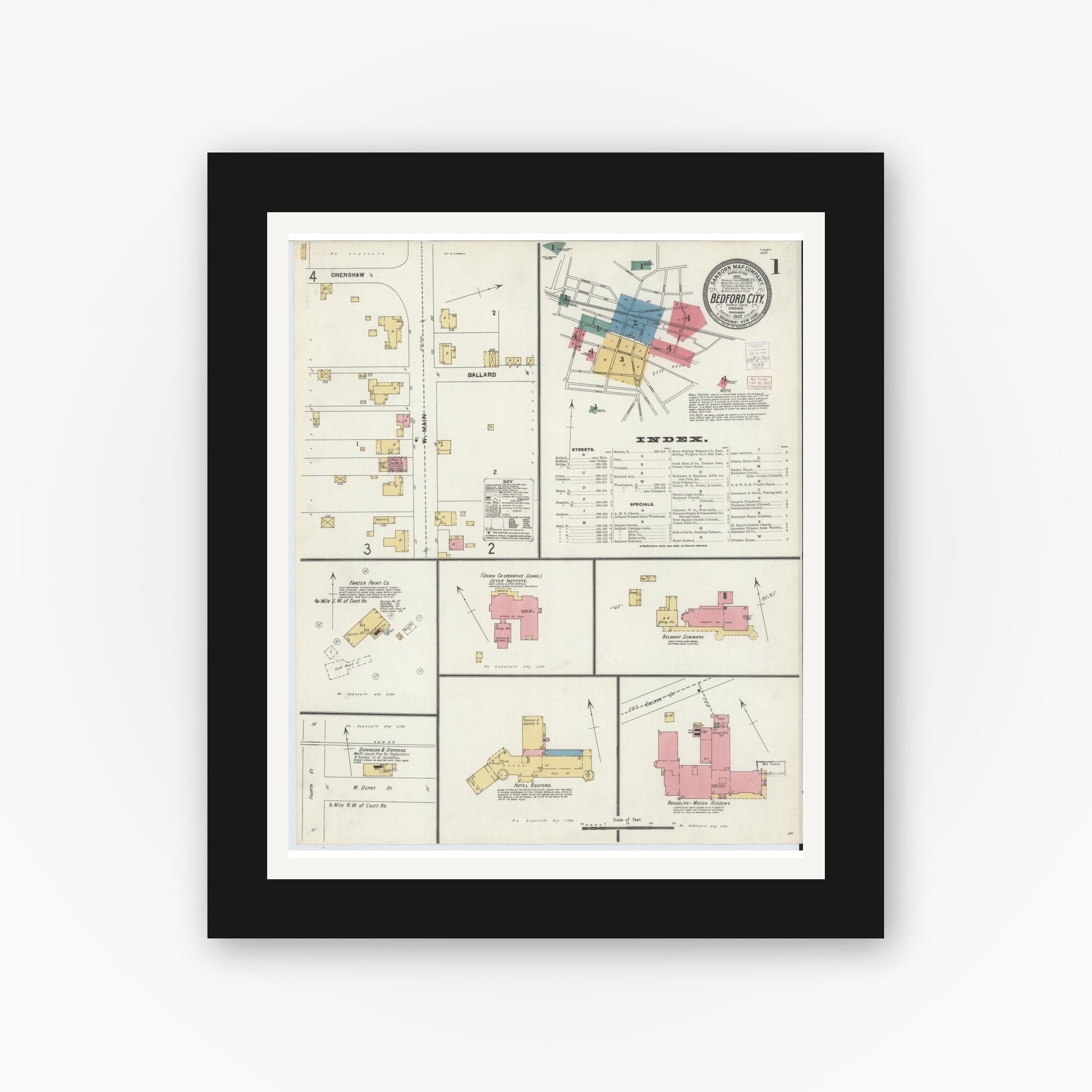 Old map wall art mockup — black gallery frame with white mat — Sanborn Fire Insurance Map from Bedford, Independent Cities, Virginia (1902), Sheet #0001