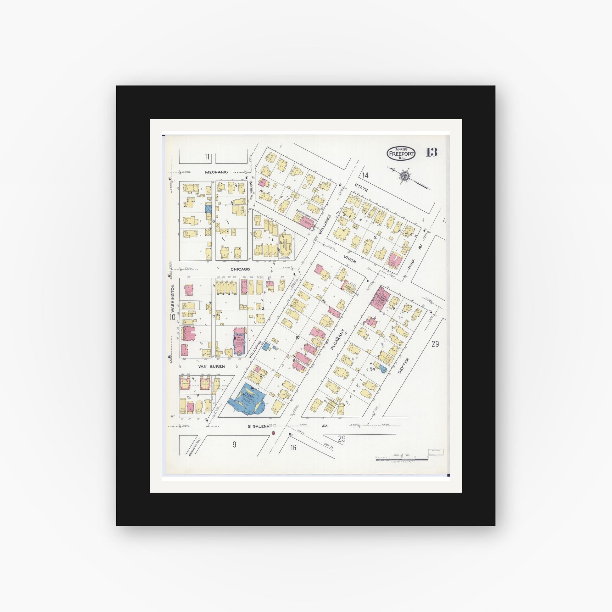 Old map wall art mockup — black gallery frame with white mat — Sanborn Fire Insurance Map from Freeport, Stephenson County, Illinois (1918), Sheet #0013