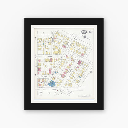 Old map wall art mockup — black gallery frame with white mat — Sanborn Fire Insurance Map from Freeport, Stephenson County, Illinois (1918), Sheet #0013