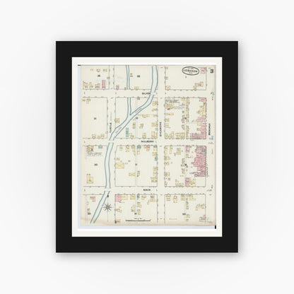 Old map wall art mockup — black gallery frame with white mat — Sanborn Fire Insurance Map from Lebanon, Warren County, Ohio (1890), Sheet #0003
