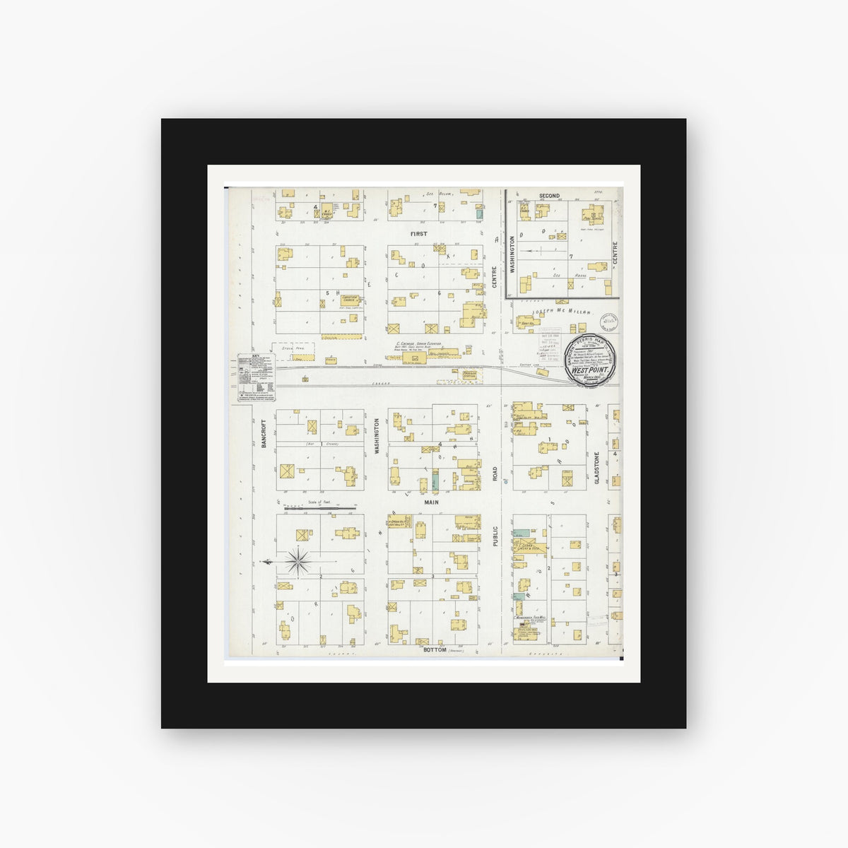 Old map wall art mockup — black gallery frame with white mat — Sanborn Fire Insurance Map from West Point, Hancock County, Illinois (1900), Sheet #0001